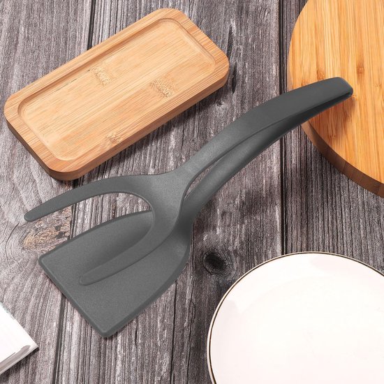 2 in 1 Eierspatel, Antiaanbaklaag Nylon Gebakken Eierdraaiers 2 in 1 Spatel en Tang voor koken Omklapbare Spateltang Grillklemflipper 2 in 1 Schep Keukengereedschap voor Toast Taart (Grijs) — afbeelding 3