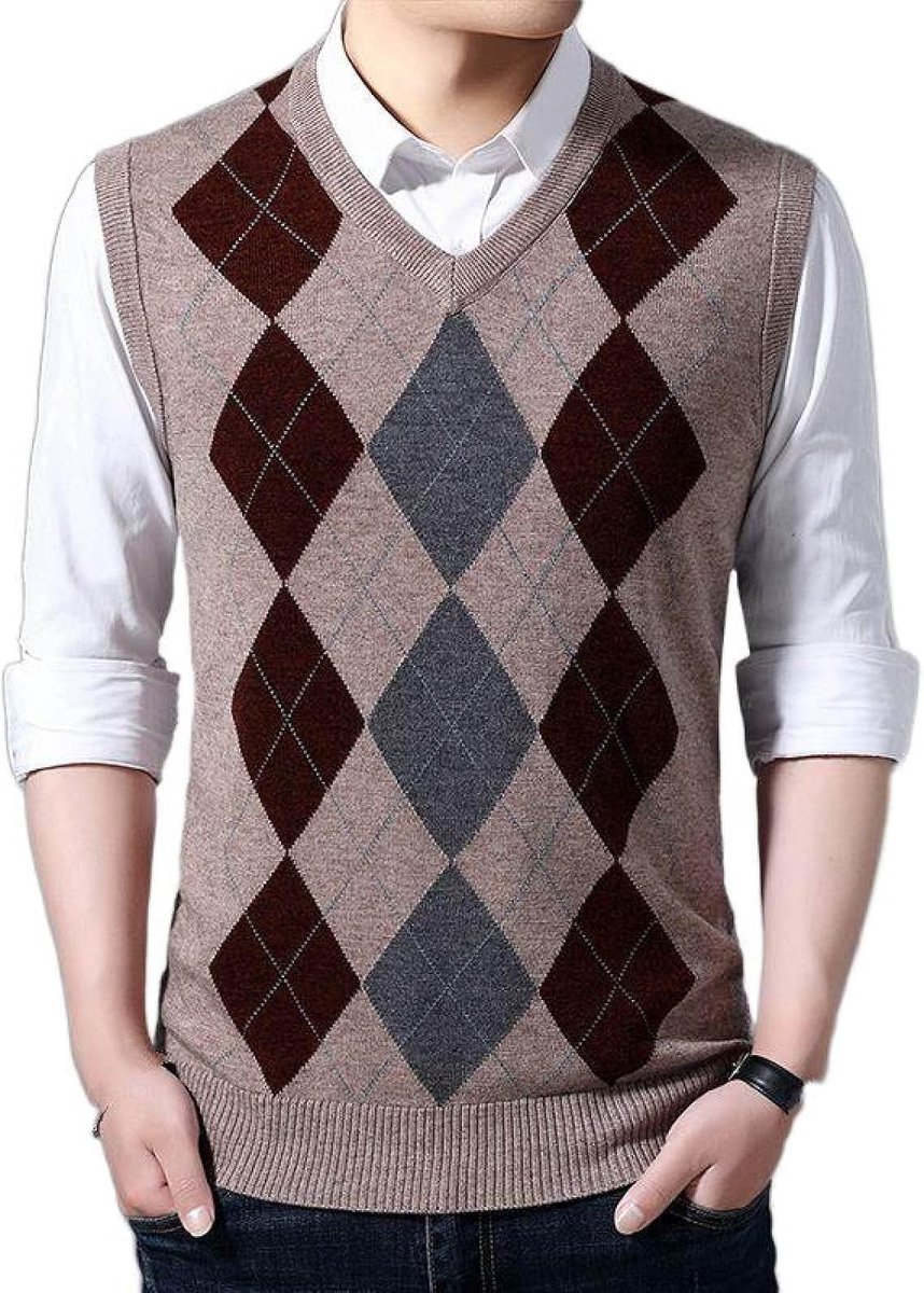 Kasjmier Gemengd Argyle Gebreid Vest Met V-Hals, Herfst En Winter Klassiek Kleurcontrast Casual All-Match Mouwloos Vest Pullover Herenkleding, Gentleman Knitwear Sweater Tank Tops, Cam