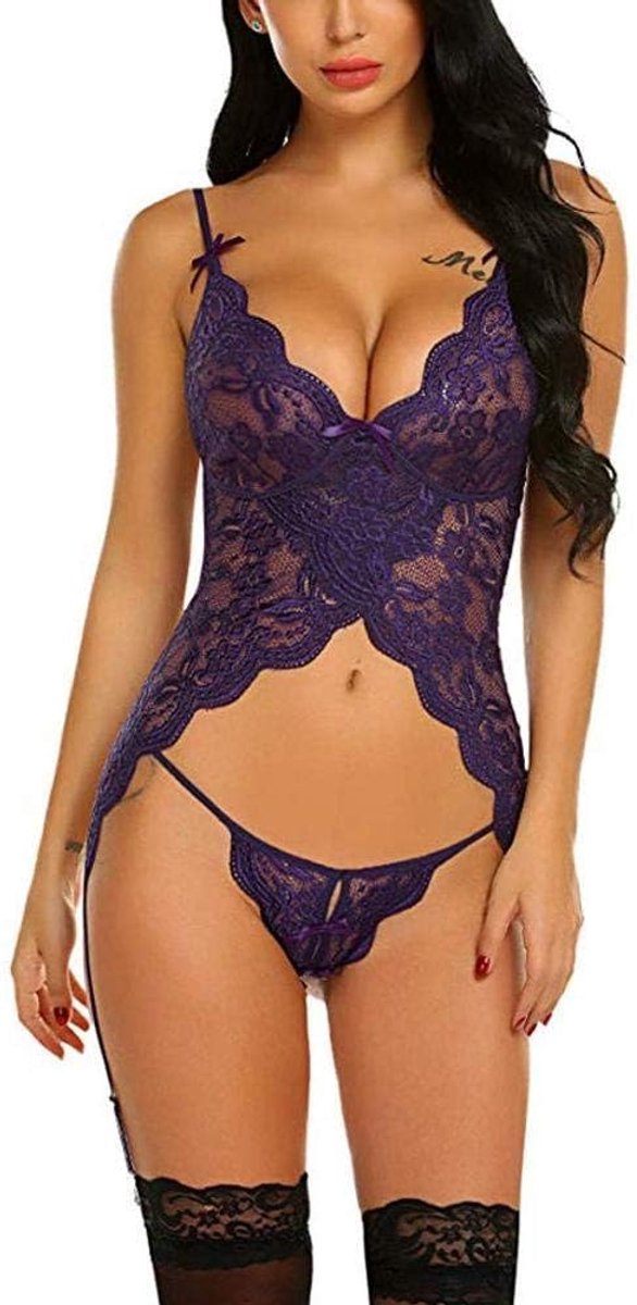 Lingerie voor dames V-hals transparante lingerie met jarretelgordel lingerie bodysuitDames Ondergoed Set Lingerie Set lady Lace V-hals Bodysuit Ondergoed String Met Kousenband Lingerie Set-Purple_S