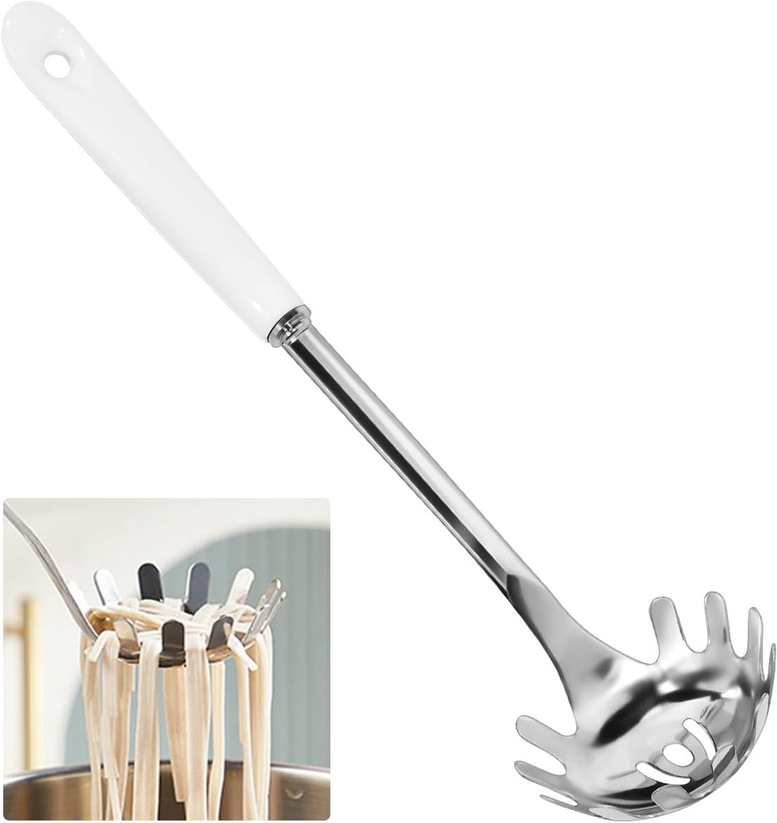 Spaghettilepel, Pastalepel van roestvrij staal, pastavork met tanden, noedellepel met handvat van keramiek, deeplepel voor noedels, gebak, keuken