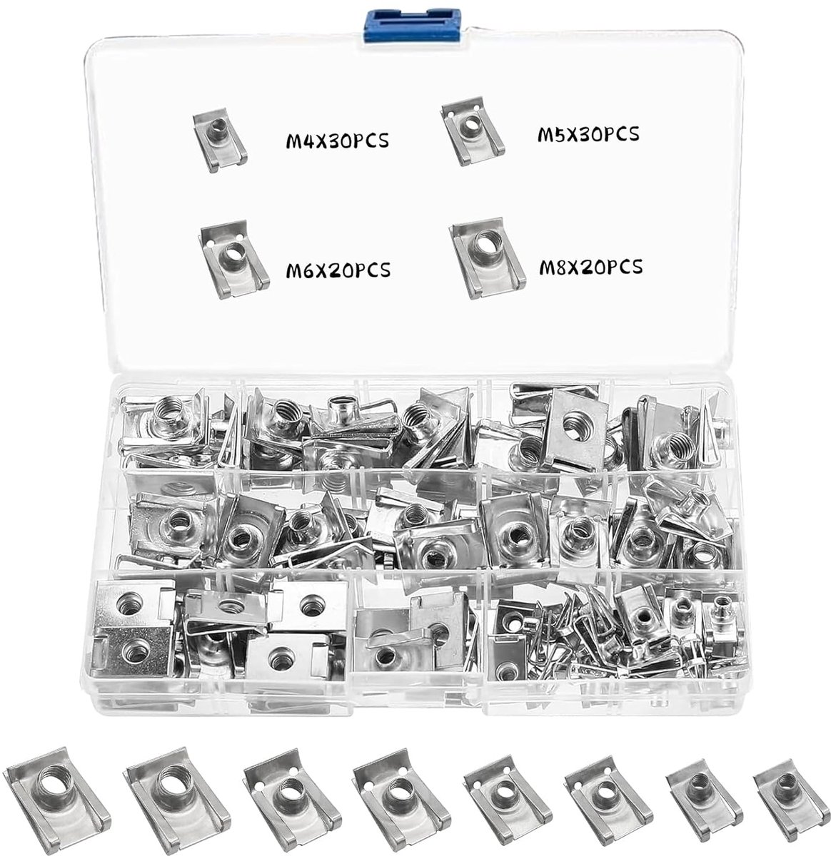 100 stuks plaatmoeren, M4, M5, M6, M8, roestvrij staal, U-type, plaatmoeren, assortiment, set, schroefdraad, clip, moeren, klikmoeren, set voor auto, carrosserieschroeven, moeren met opbergdoos