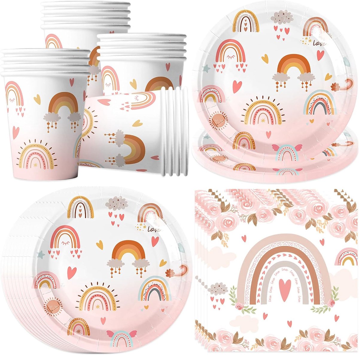 Regenboogfeestserviesset, kinderverjaardag, feestborden, verjaardag voor 16 gasten, papieren borden, bekers, servetten, voor babyshower, meisjes, verjaardagsdecoratie