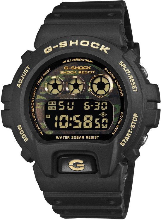 Zwarte G-Shock horlogekast met camouflagepatroon display. Water 20BAR resist.