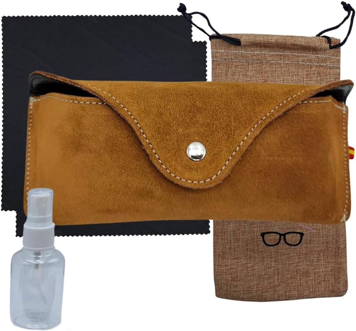 Brillenetui om te dragen aan de riem, met knoopsluiting, handgemaakt in Spanje. Inclusief stoffen etui, 2 reinigingsdoekjes en fles voor brillenreinigingsvloeistof. (bruin), bruin, M, Bruin, M