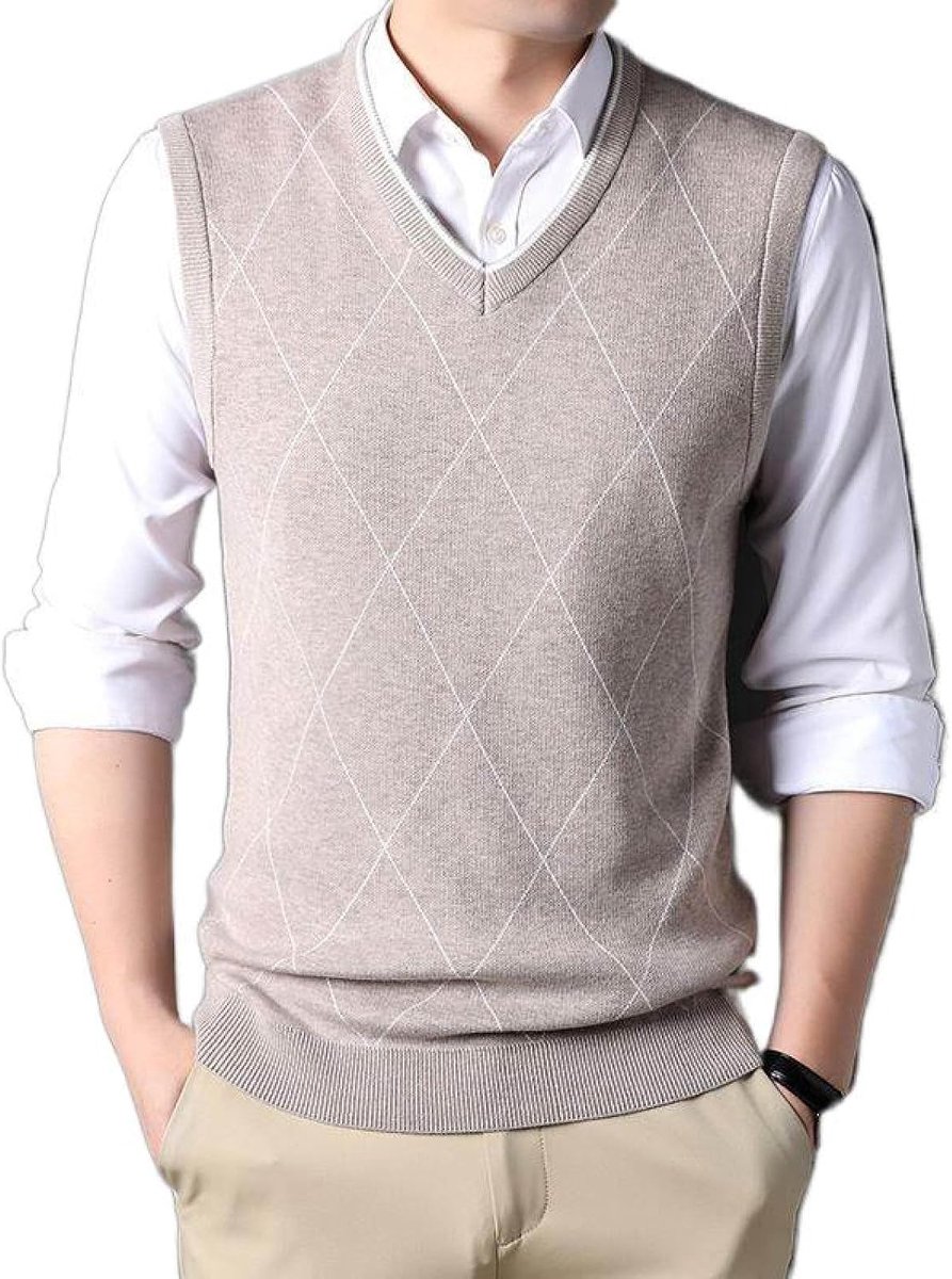 Kasjmier Gemengd Argyle Gebreid Vest Met V-Hals, Klassieke Kleurcontrast Casual All-Match Mouwloos Vest Pullover, Zakelijk Heren Gebreide Vest Trui Tanktops, Camel, S