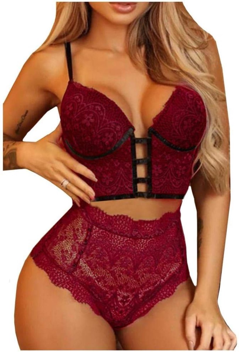 Babydolls, nachtjaponnen & negligés Sexy Lingerie Vrouwen Kanten Draadloze Beha Hol Lingerie Set Holle Bandage String Underwear-A_M