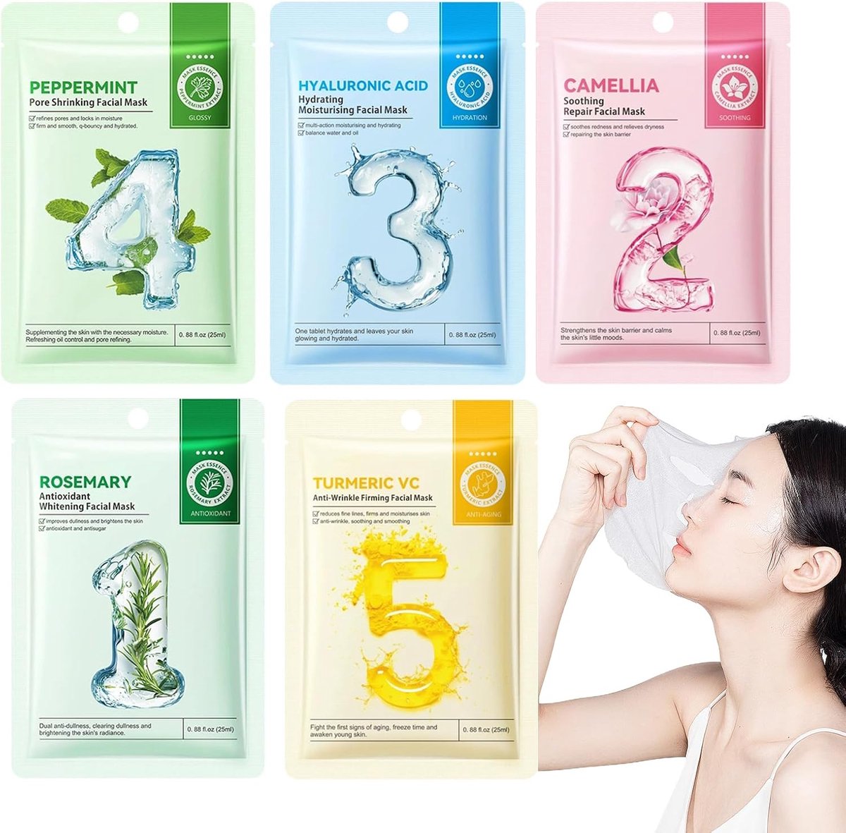 5 stuks vochtinbrengend gezichtsmasker, gezichtsmasker, gezichtsmaskers, beauty, vrouwen, vochtmasker, gezichtskuren, skincare doekmasker, gladmakende huid, verbetert elasticiteit