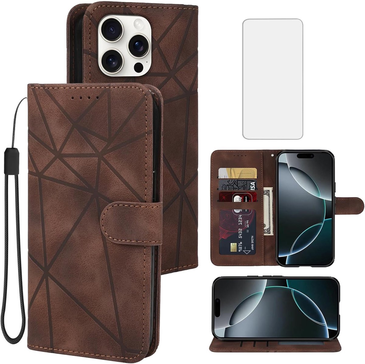 Hoesje voor iPhone 16 Pro, Cover voor Apple 16 Pro met Gehard Glas Schermprotector, leren hoesje met creditcardhouder, groene telefoonhoes voor iPhone 16 Pro Bruin