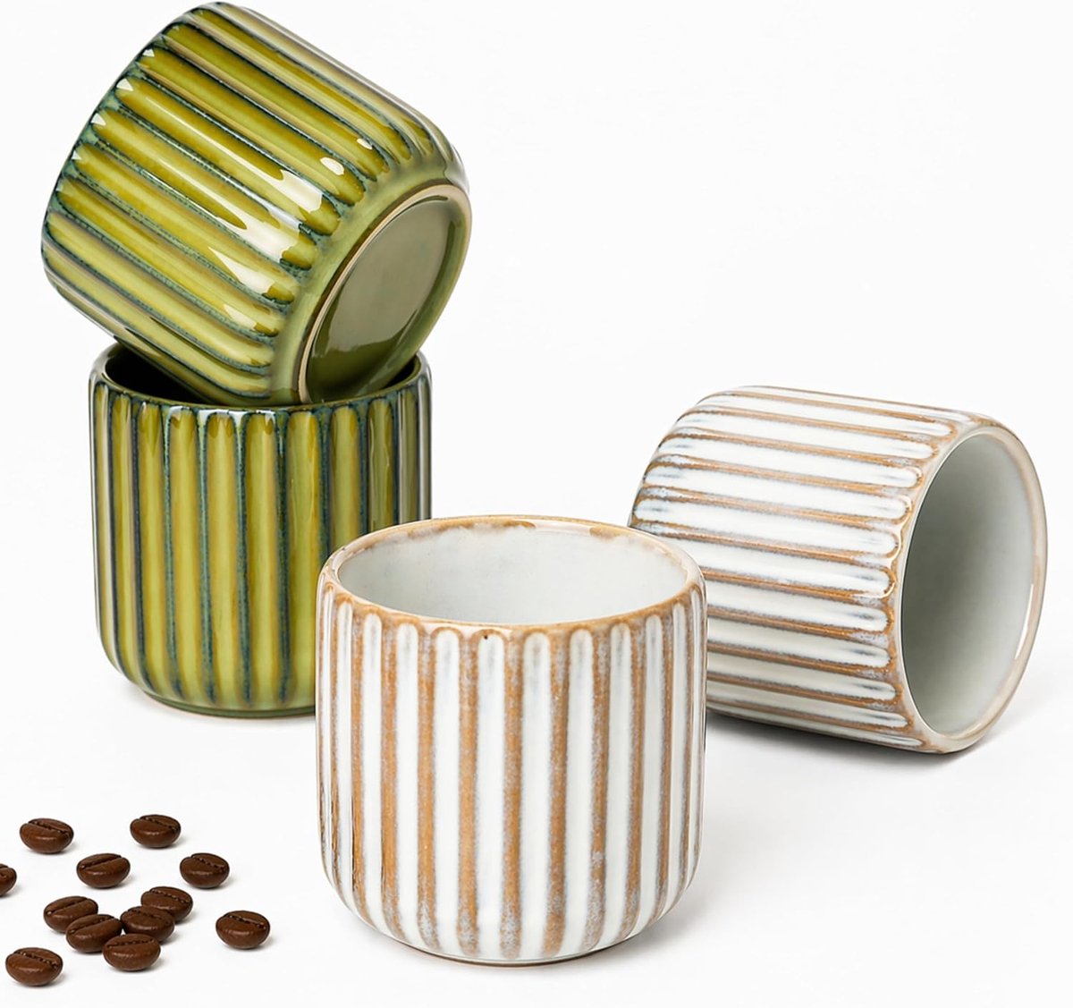 Set van 4 Espressokopjes 180ml Zonder Handvat, Dikwandig Keramiek Warmte-isolerend, Keramiek Unieke kleuren, Espresso/Mokka/Theekop, Vaatwasmachinebestendig, Cadeau - 2x V + 2x G