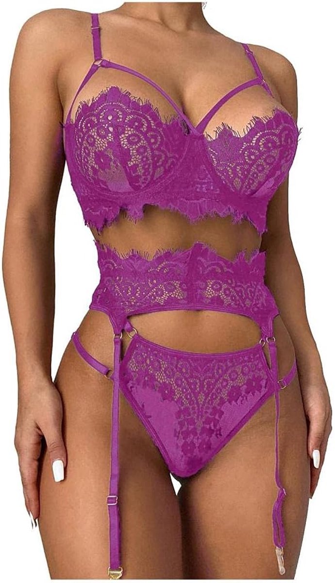 Lingeriesets dames sexy uitgeholde beha g-string vrouwelijk ondergoed zien door kanten vrouw kleding set-purple_XXL