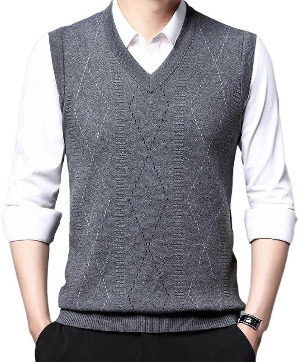 Argyle V-Hals Mouwloze Trui Trui, Herfst En Winter Heren Gebreid Trui Vest, Middelbare Leeftijd Kleur Bijpassende Verdikte Casual Heren Gebreide Trui Tanktops, Medium Grijs, S