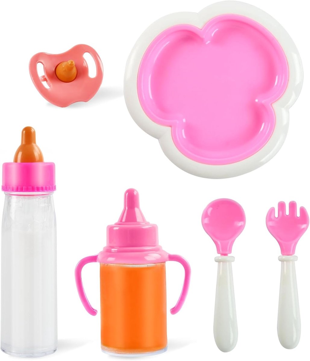 Toverfles voor poppen, babyfles voor poppen, 6 stuks poppenaccessoires, , bord, lepel, vork, poppenaccessoires, poppenaccessoires, poppenaccessoires