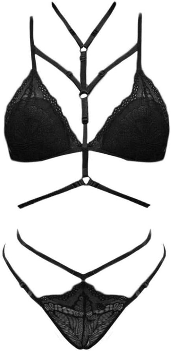 Babydolls, nachtjaponnen & negligés Porno Sexy Vrouwen Lingerie Kanten Beha Ondergoed Bondage Set Thong Verleiding Erotische Lingerie Dames Nachtkleding Set-Black_M