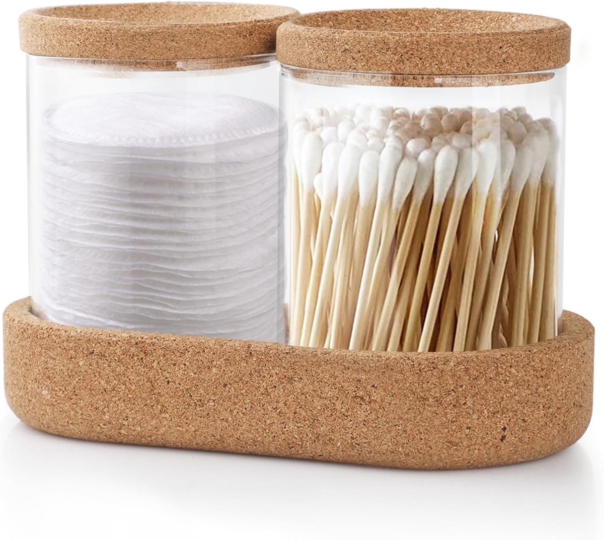 2 stuks wattenstaafjeshouder, cosmetica-opbergdozen met kurkdeksel voor tampons/wattenstaafjes/ballen/tanddraad, transparant