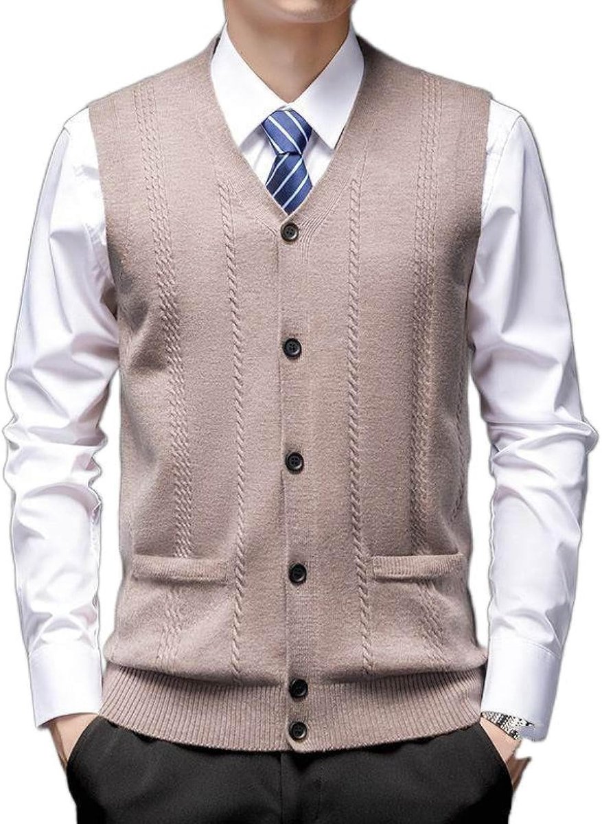 Vest Voor Heren Met V-Hals, Jeugdmode Jacquard Gebreid Vest Bovenkleding Casual Trendy Trui, Klassieke Zakelijke Heren Gebreide Vest Trui Vest Tanktops, Camel, S
