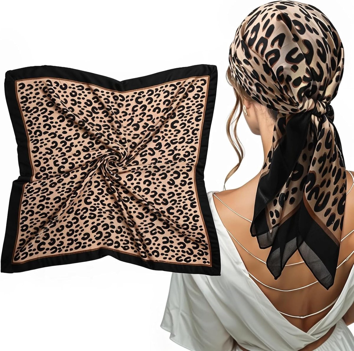 Sjaal, halsdoek voor dames, satijnen hoofd, luipaardprint, stijlvolle lente hoofddoek voor strand, reizen, vakantie, sportgeschenken (70 x 70 cm)