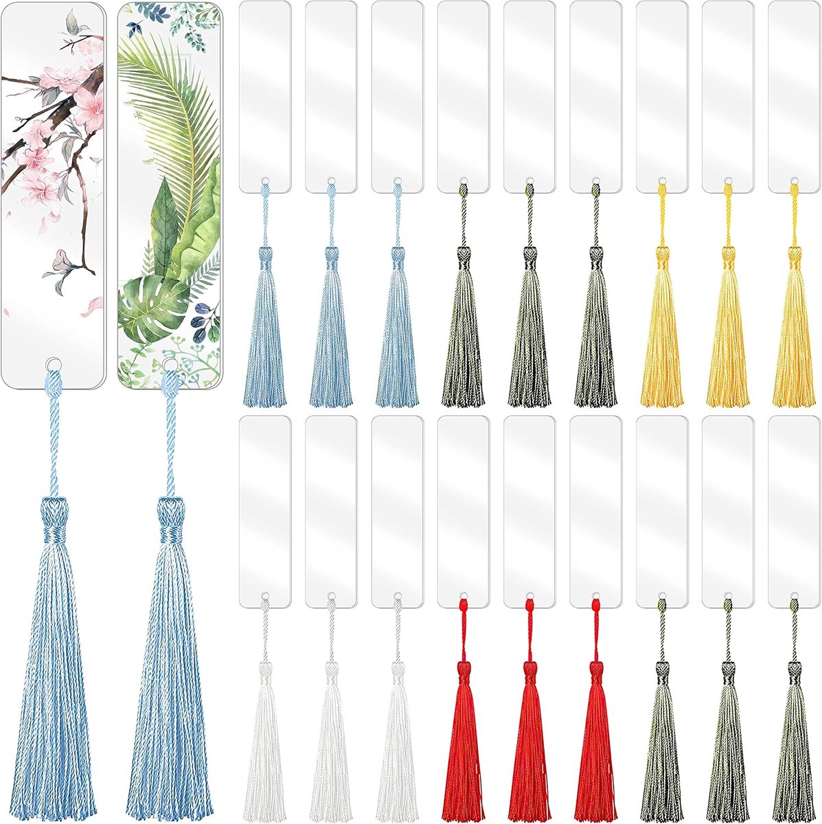 Boekenleggers set, 12 x 3,2 cm rechthoekige acryl boekenleggers met 30 kleurrijke kwasten doorzichtige boekenleggers voor DIY projecten, notitieboek, kerstcadeaus