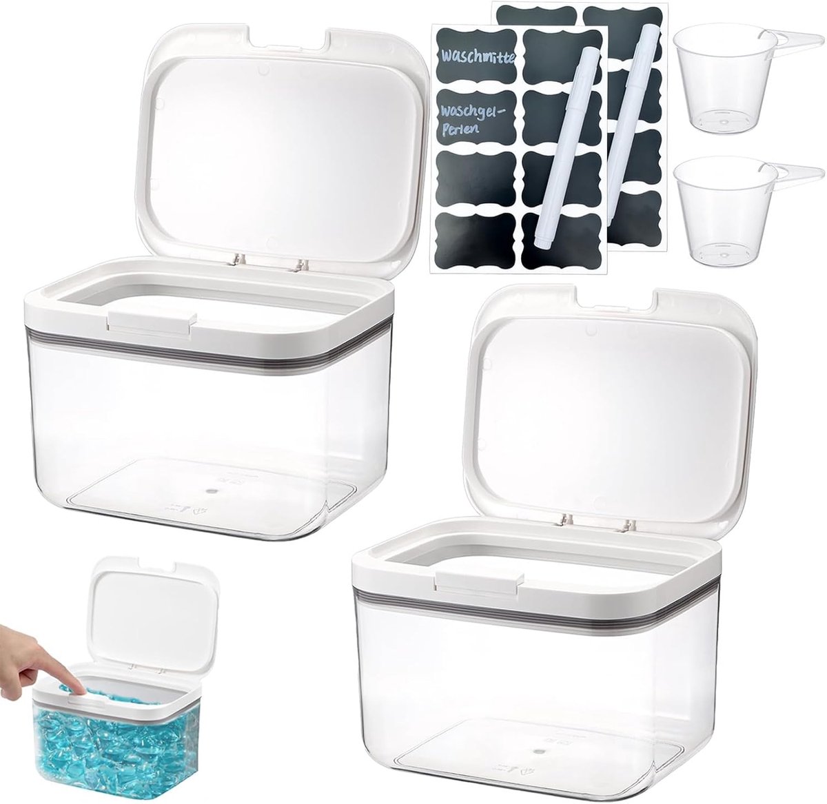 2 units à 2,8 l opbergdoos met deksel, waspoederhouder met luchtdicht deksel, waspoeder opbergdoos met lepels, voor waskralen, hondenvoer