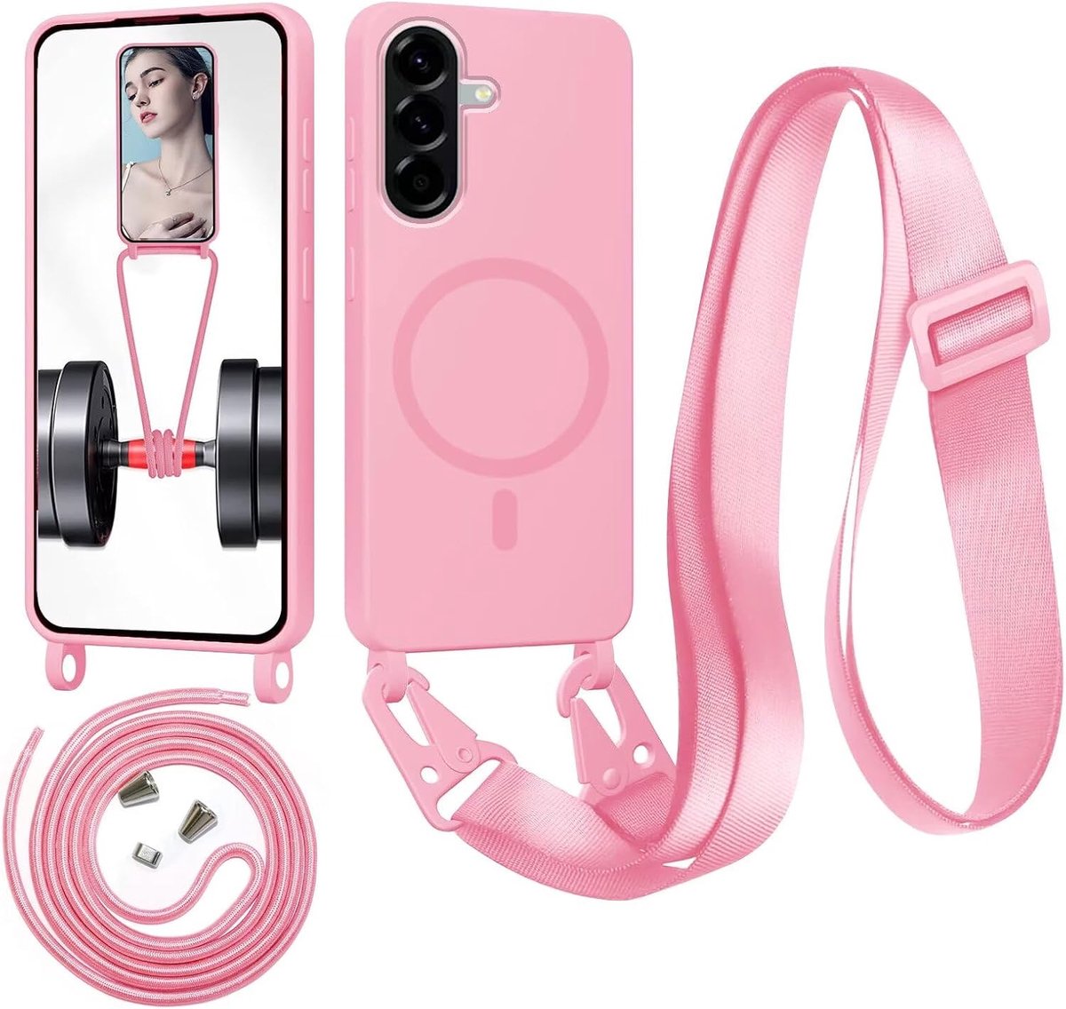 Beschermhoesje met koord voor Samsung Galaxy A26, magnetische vloeibare siliconen, schokbestendig, met verstelbare hanger, omhangkoord, ketting, case, roze