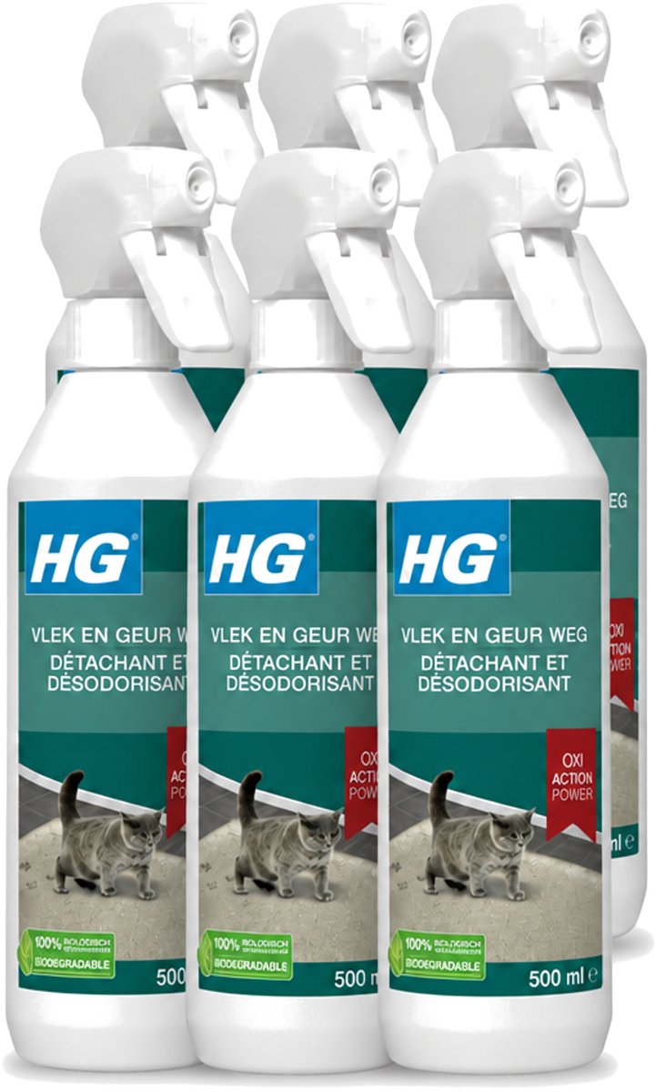 6 x HG - Vlek & Geur Weg - Tegen Kattengeuren- Oxi Action Power - 100% Biologisch - 500 ml - Voordeelverpakking - 6 stuks