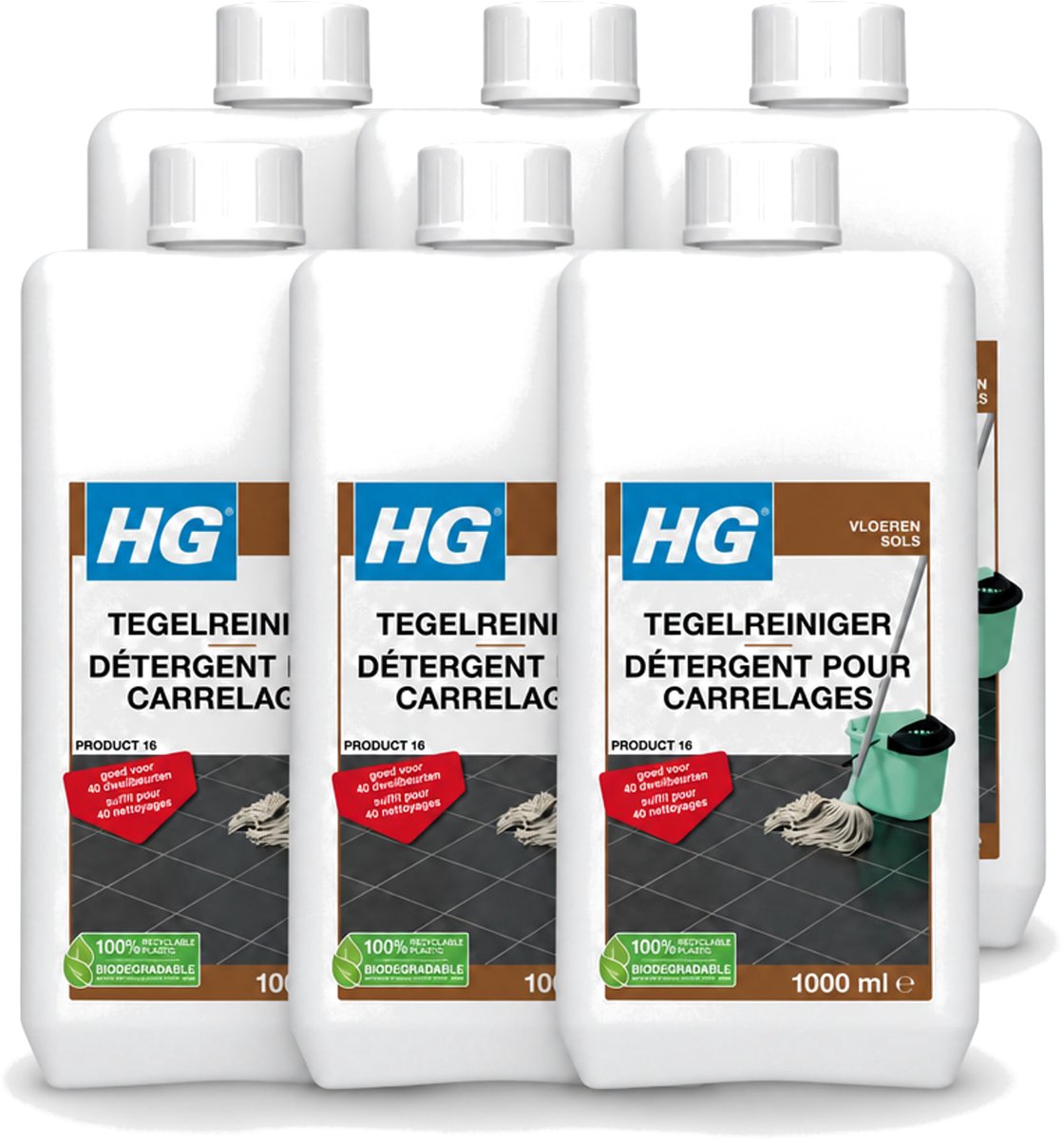 6 x HG - Vloeren - Tegelreiniger - 40 Dweilbeurten - 1L - Voordeelverpakking - 6 stuks