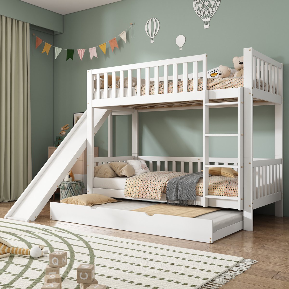 WUVRIE Stapelbed 90x200 cm met onderschuifbed 90x190 cm, glijbaan en 4-tredentrap, wit