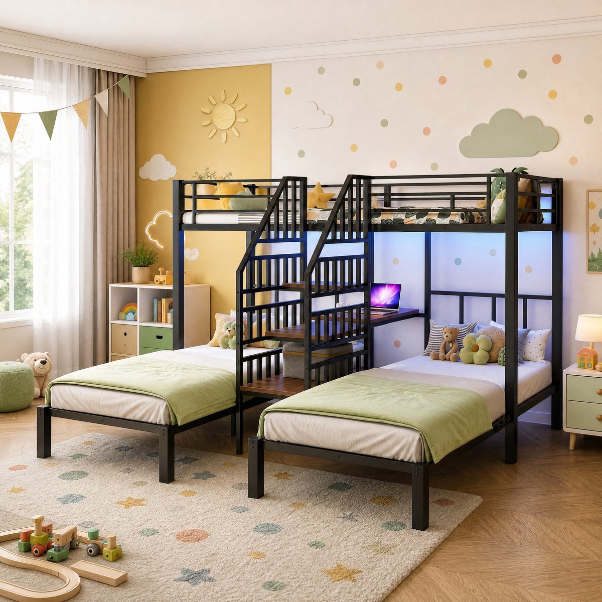 WUVRIE Stapelbed 90x200 cm met 3 slaapplaatsen, bureau, opbergruimte, LED en USB, zwart