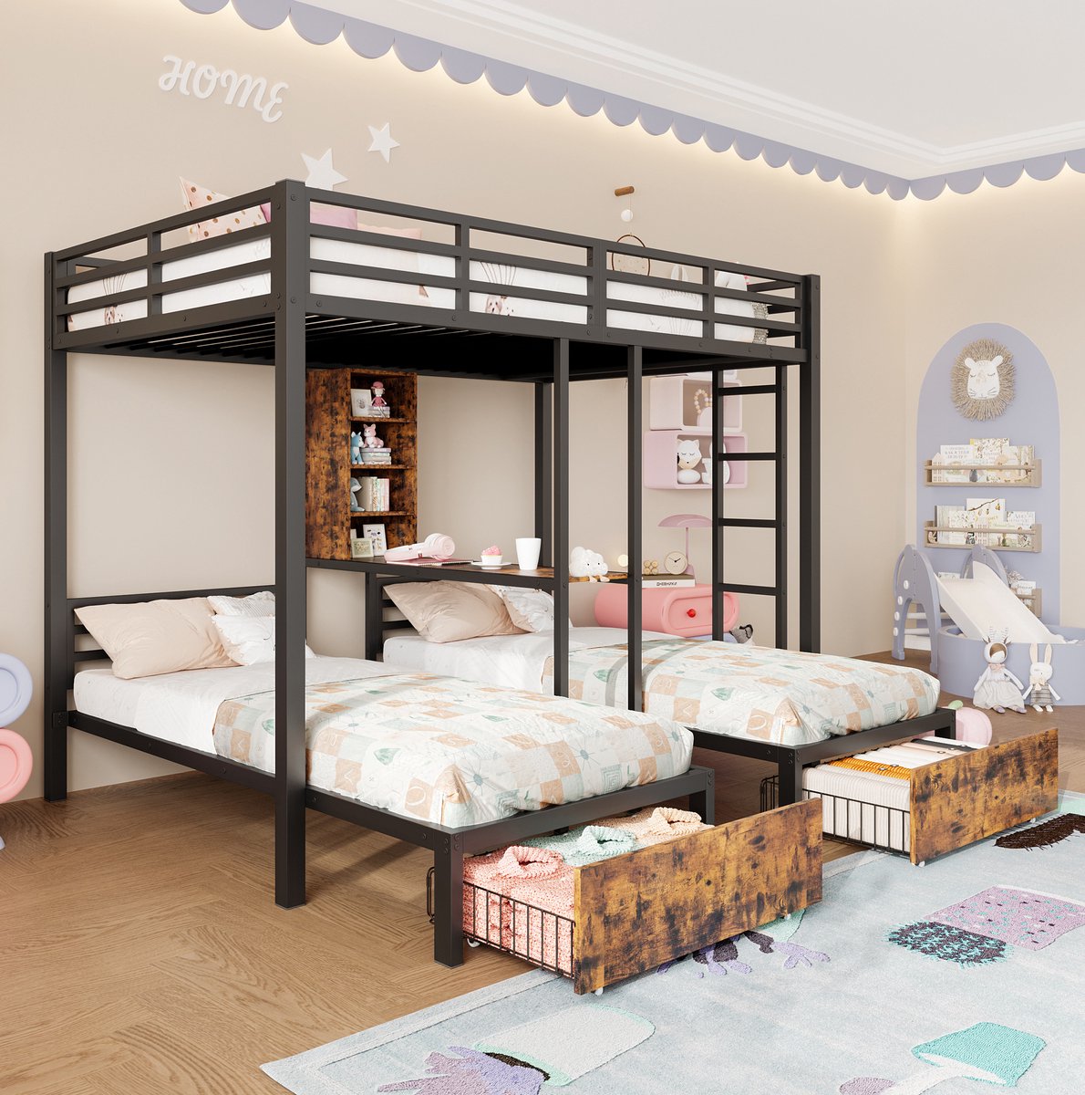 WUVRIE Stapelbed 140x200 + 90x200 cm met 3 slaapplaatsen, 2 lades en opbergruimte, zwart