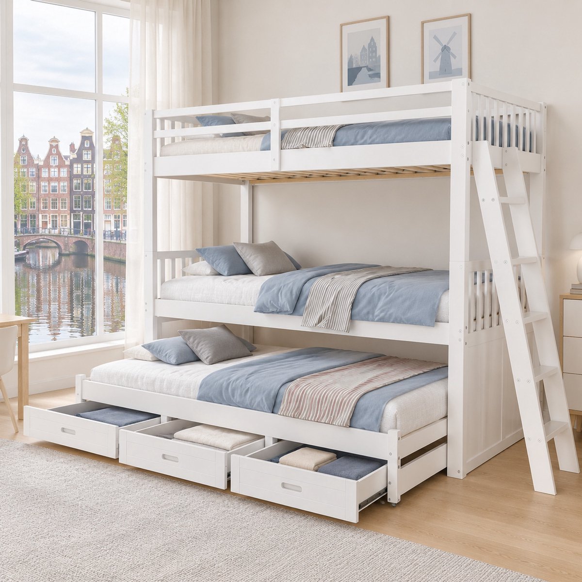 WUVRIE Stapelbed 90x200 cm met uitschuifbed, 3 lades, ladder en uitvalbeveiliging, wit