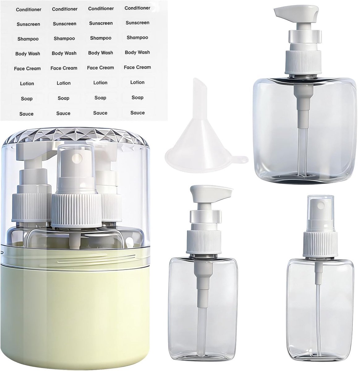 3-in-1 reisflessen, navulbaar, reisflessen 50/100 ml, flessen voor gel en shampoo, vliegtuig, kunststof, met 1 trechter, transparante reisflessen