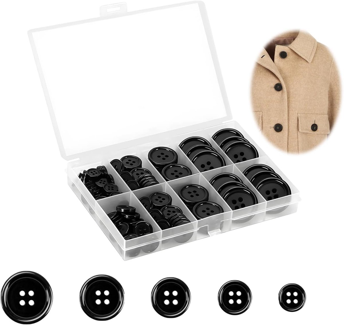 Knopen, harsknopen, zwart, 4 gaten, ronde knopen, 5 maten, 10/12,5/15/18/20 mm, met opbergdoos voor mantels, overhemden, jasjes, tassen, trui-knopen, doe-het-zelf naaiwerk