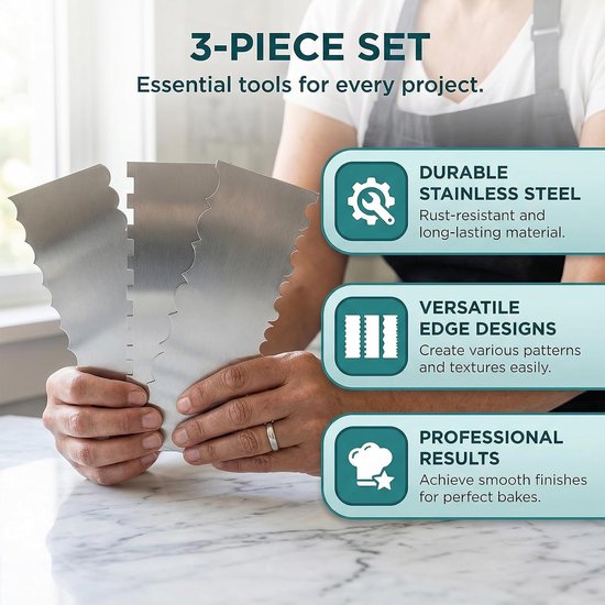 3-delige roestvrijstalen taartschraperset, professionele taartdecoratiegereedschap, 22 cm botercrème gladder en chocoladeschraper voor beginners en bakkers — afbeelding 4