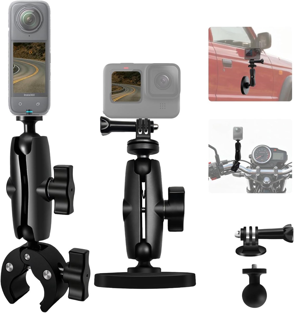 Zwaar-Pflicht Stuur Klem compatibel met DJI Osmo 360/Osmo Nano, 66 mm Magnetische Auto Berg compatibel met Insta 360 X5-X, 360°Bal Hoofd compatibel met GoPro 12-3 Actie Camera Accessoires