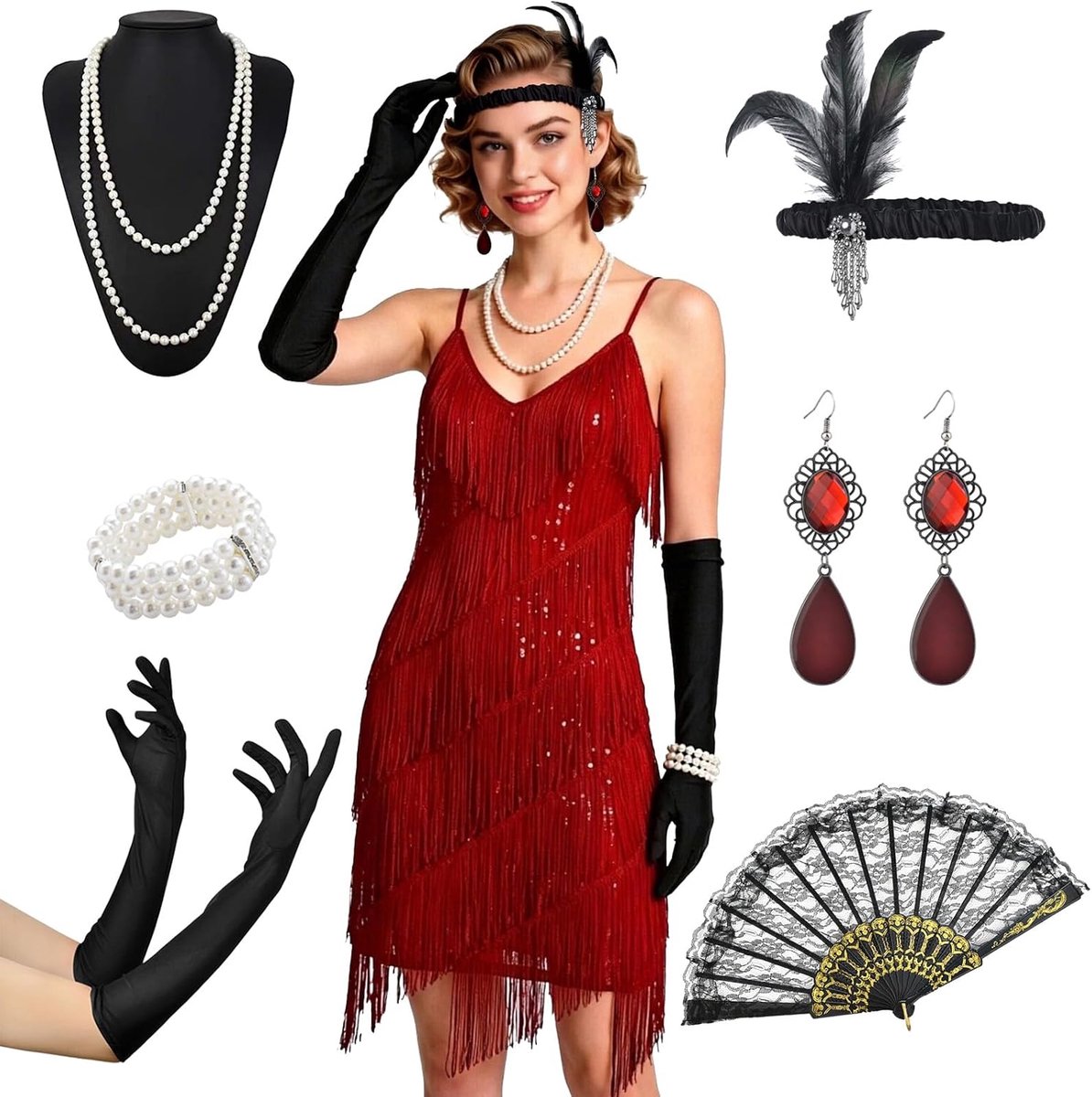 Jurken voor dames, jaren 20, Gatsby-jurk met flapperaccessoires, vintage paillettenkostuum, outfit voor Halloween, themafeest
