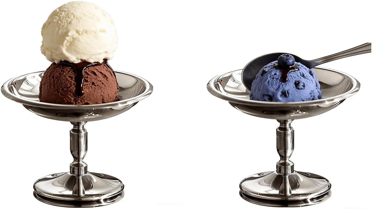 IJsbekers van metaal, set van 2 stuks, 304 roestvrij staal, elegant, verhoogd design, glad, stabiele afwerking, robuuste dessertserveerschaal voor ijs, yoghurt, feest
