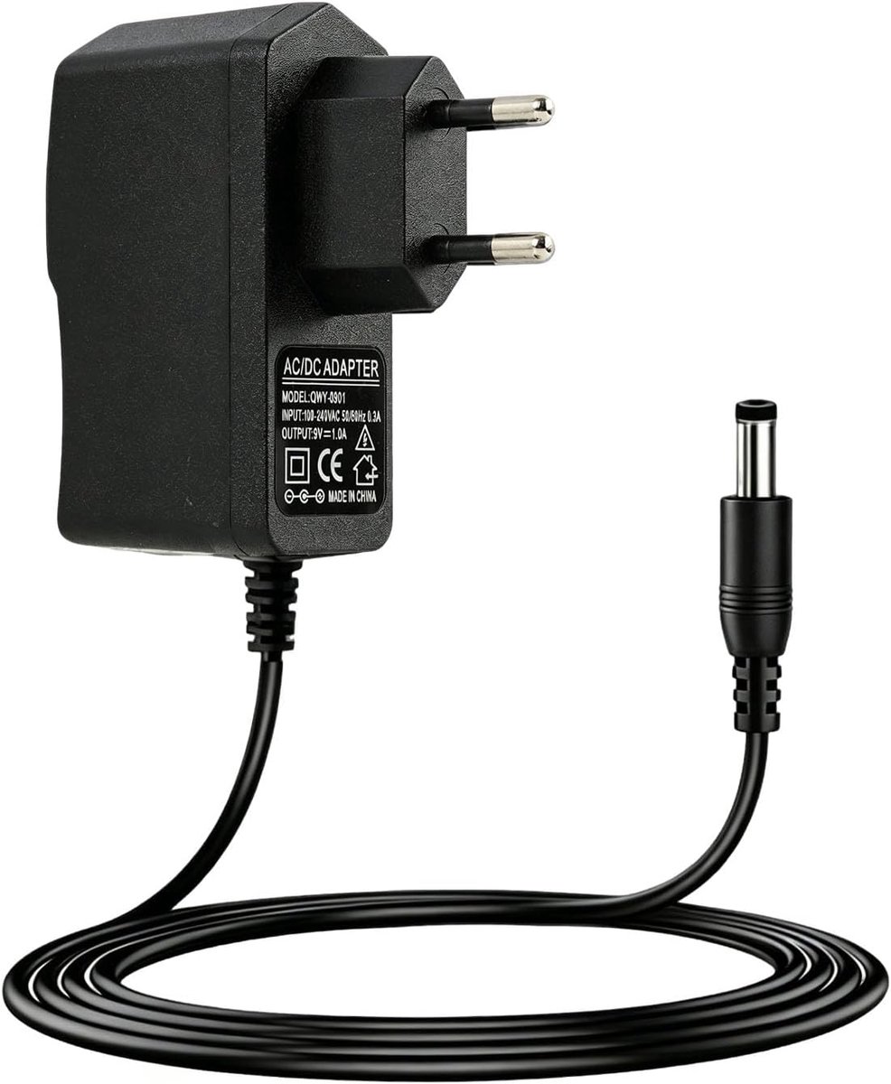 9 V DC voedingsadapter, 1 A stroomvoorziening voor muziek-effect-apparaten, compatibel met gitaarpedaal, Roland ME-80/GT-1/RC-1, Zoom AD-1, 5,5 x 2,1 mm aansluiting, vuurvast materiaal
