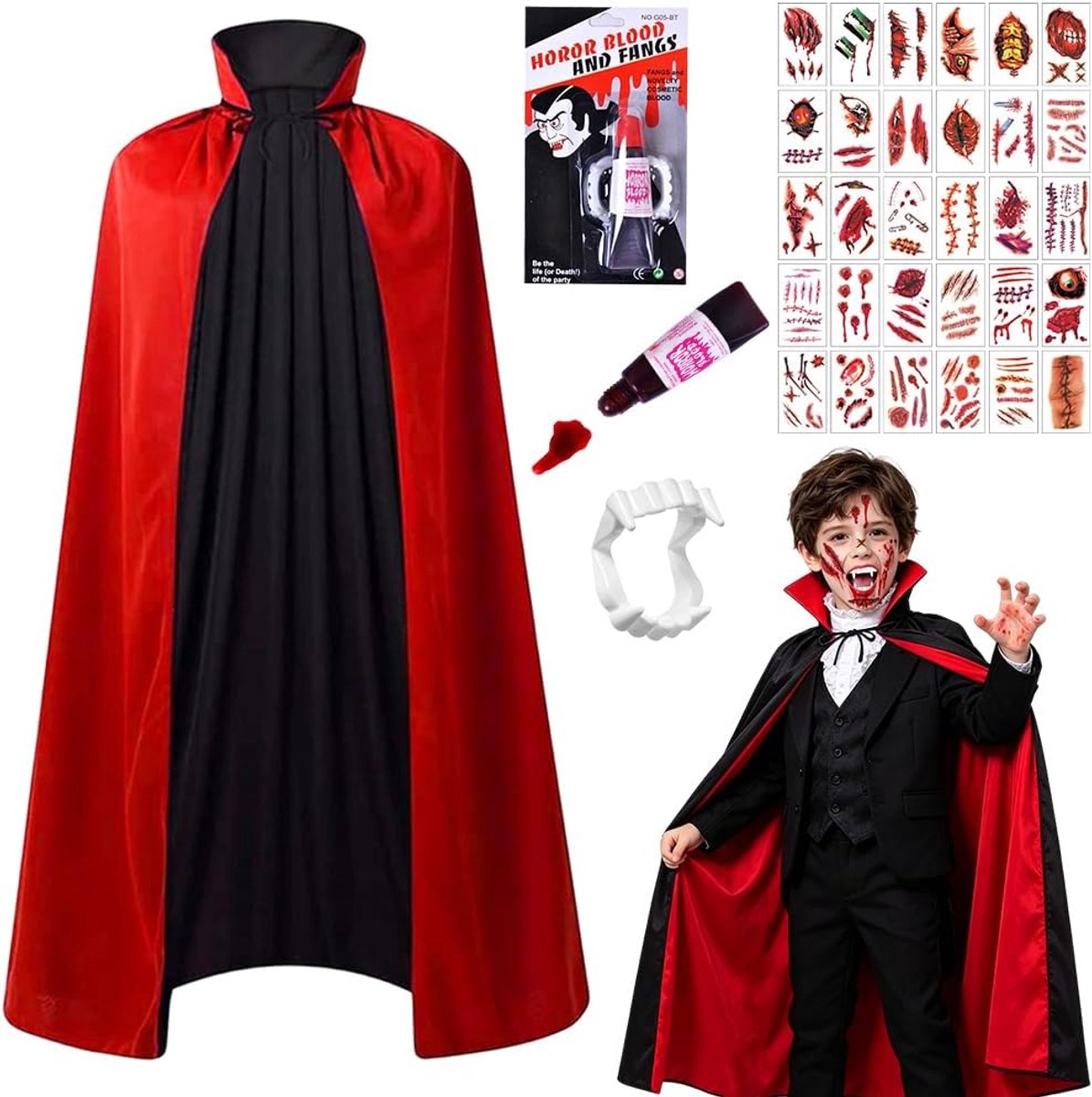 Vampierkostuum voor kinderen, Halloween-set met vampiercape,
