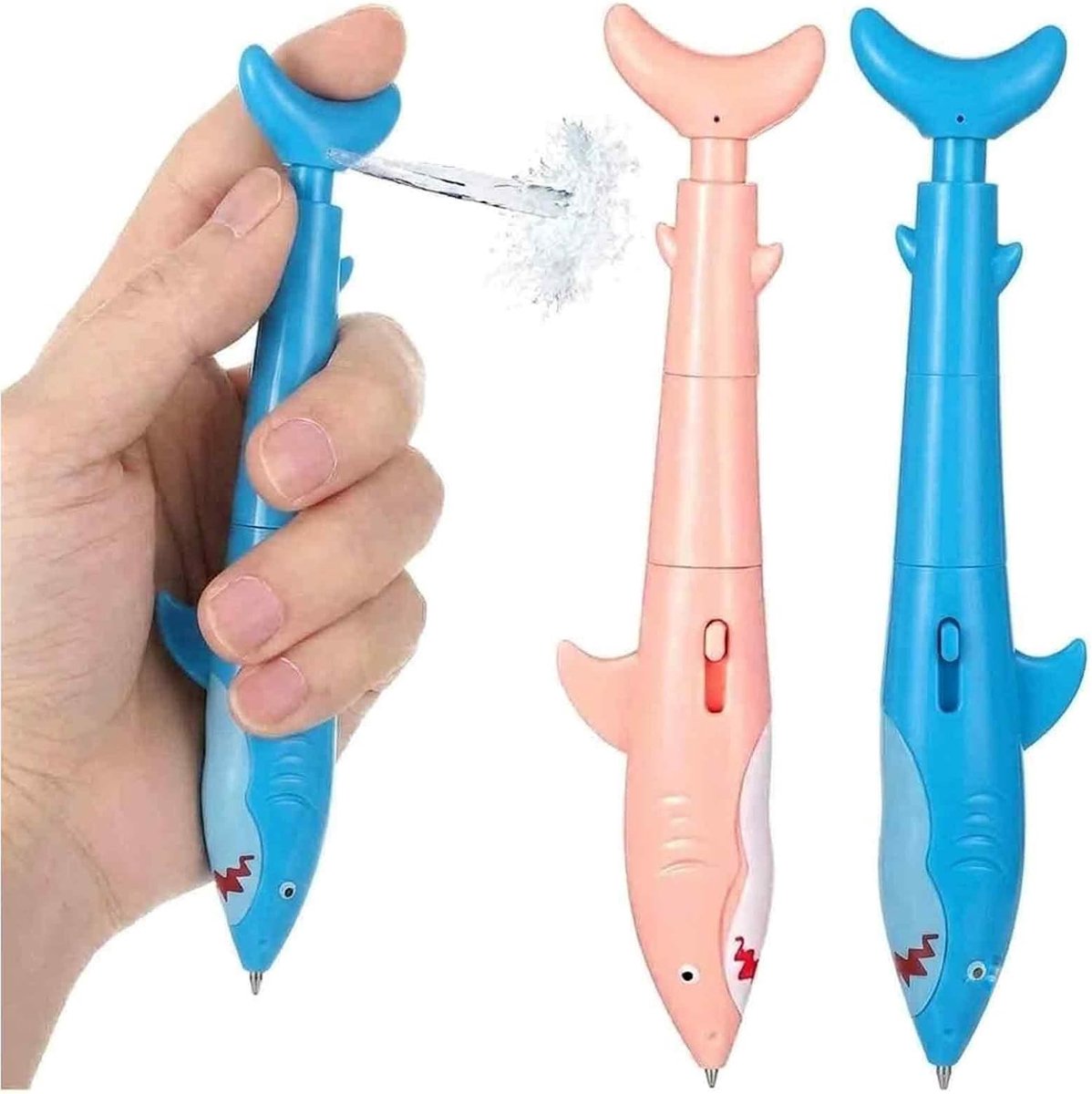 2 stuks waterspuitstiften in de vorm van een haai, beschrijfbare 2-in-1 pen voor grappen en plezier, creatieve gadget voor school en kantoor, cadeau voor kinderen, blauw en roze, 2 stuks