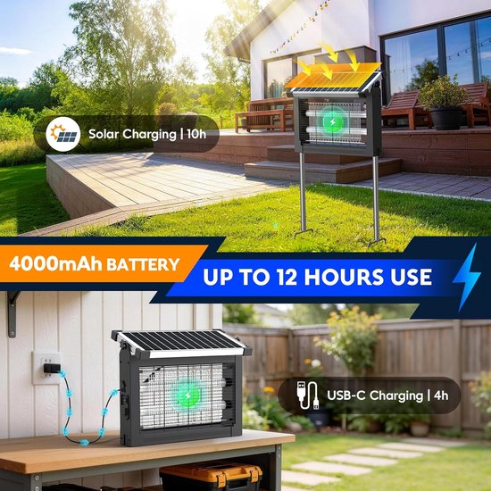 Anti-muggenlamp op zonne-energie voor buiten, elektrische insectenvernietiger, 4500 V, IPX5, waterdicht, oplaadbaar, USB, 4000 mAh, draadloze vliegendoder met grondpen voor tuin, gazon — afbeelding 4