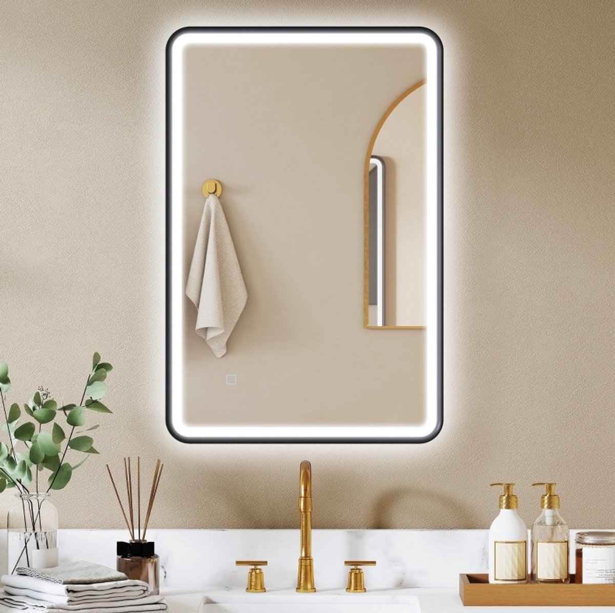 OKWISH Spiegel Ledverlichting – 90 x 60 Cm – Dimbaar Met Drie Lichtkleuren – Glas En Aluminium – Zwart – Anti-Condens Wandspiegel Met Geheugenfunctie