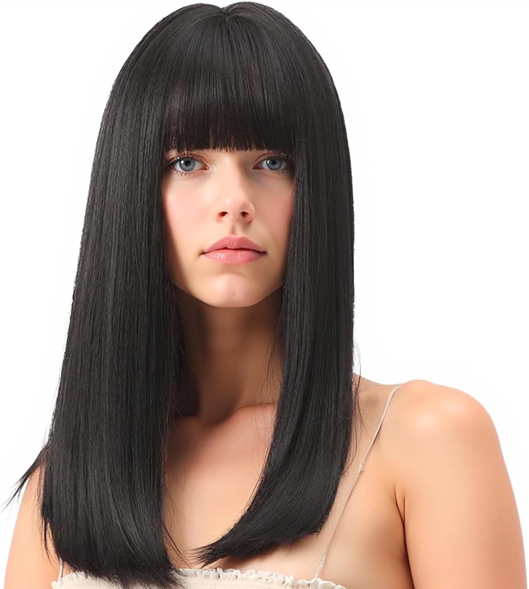Rechtdoorlopende Zwarte Bob Haarstuk met Platte Pony voor Vrouwen - Perfect voor Cosplay, Halloween en Kostuumfeesten
