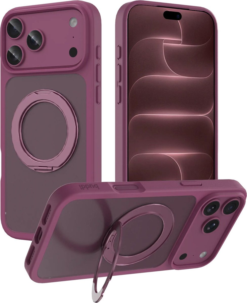 Buddi Frost Hoesje Geschikt voor Apple iPhone 18 Pro Max - Mat Burgundy - Met Ring Stand - MagSafe Back Cover - Matchende kleur - Met 360° Draaibare Standaard - Shockproof - Slank