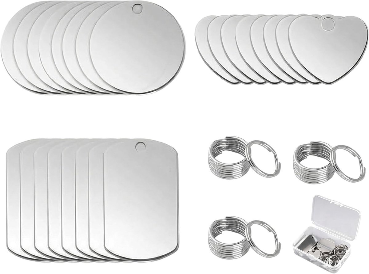 Identificatiepenning, 24 stuks hondenpenning met sleutelring, rond, rechthoekig, hartvorm, sleutelhanger, lege - ShopVlot