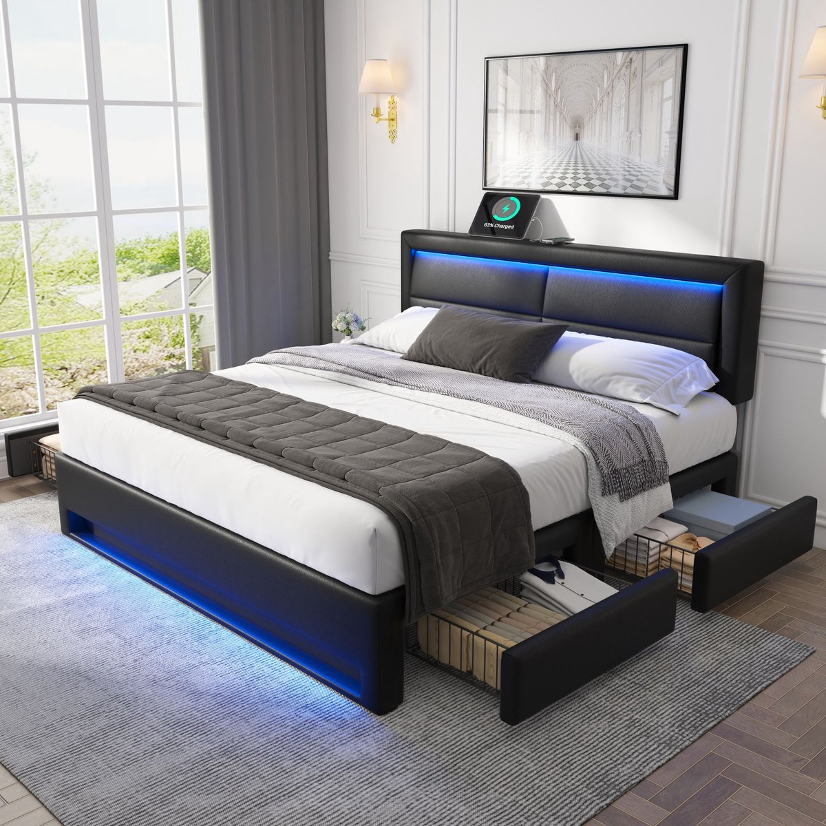 WUVRIE Gestoffeerd bed 140x200 cm met LED, USB-laden en 4 lades, zwart