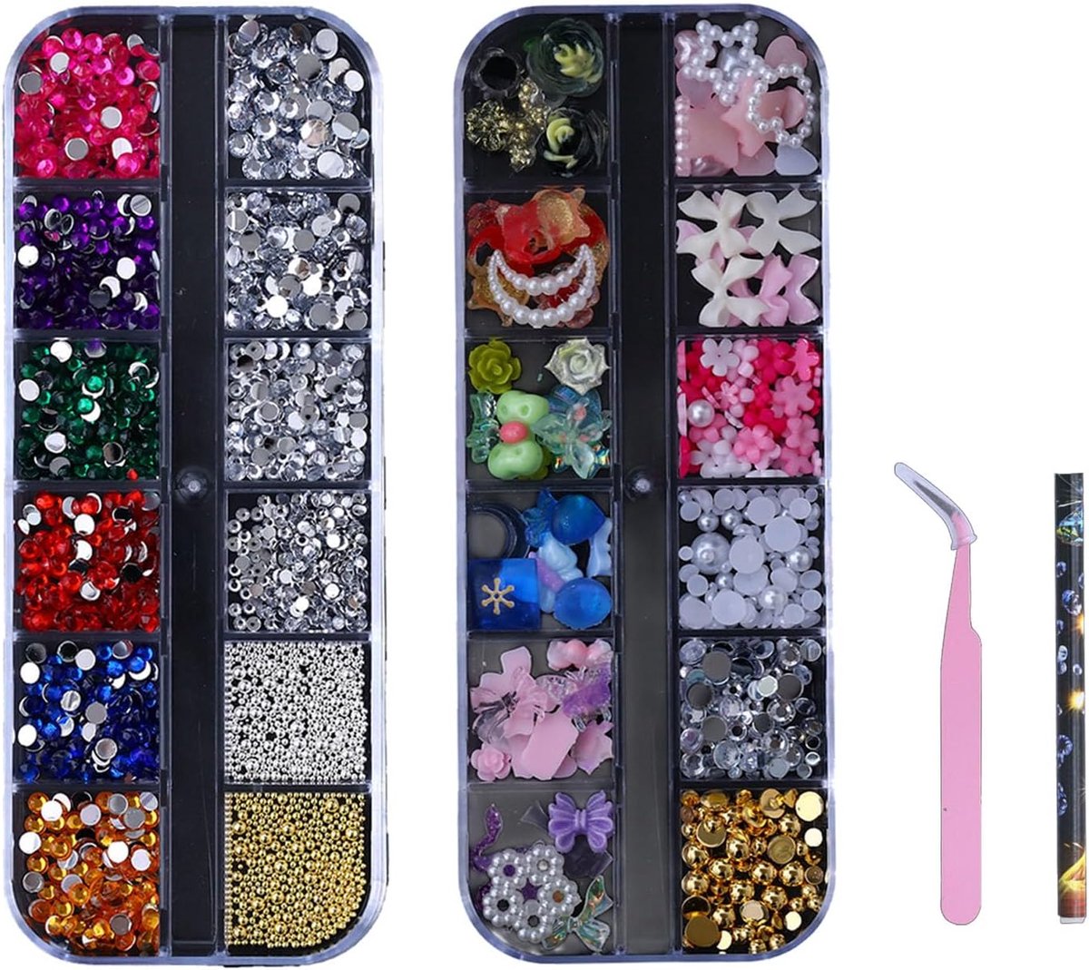 Nail Charms Set, 2 dozen nagelstenen en glitterstenen nagels, 3D bloemen nagels met parelnagels, strass steentjes - ShopVlot
