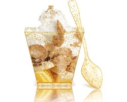 PALUDO Mini Dessert Cups with Spoons, 60 ml, Plastic Dessert Cups with Golden Shine, Reusable, Transparent, Square - ShopVlot