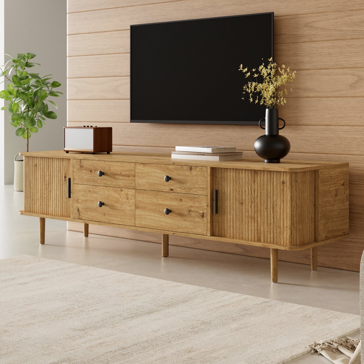 MODFU TV-Meubel - 4 Lades En 2 Schuifdeuren - Ronde Hoeken - MDF - Houtlook - 165 Cm Houtkleur