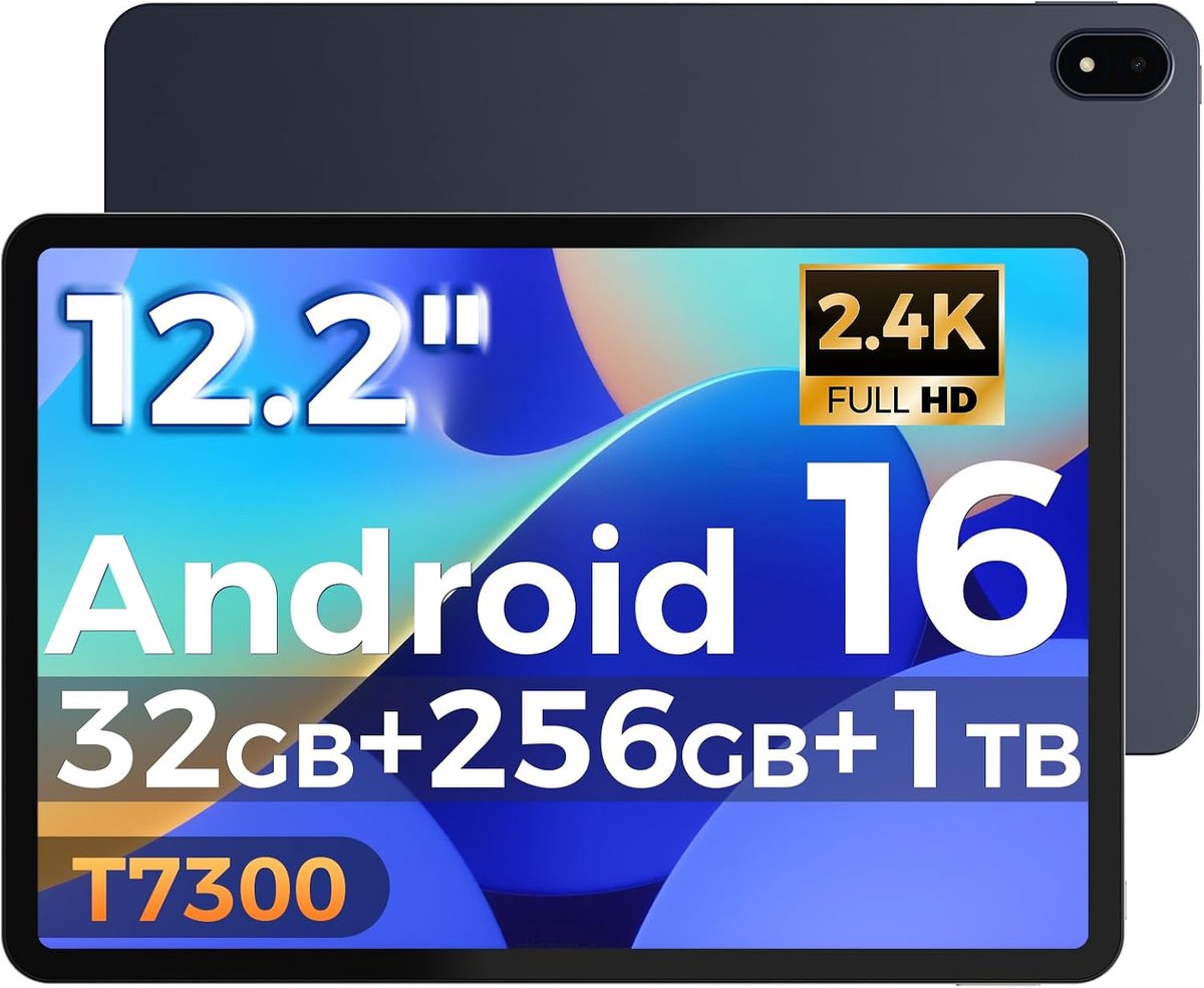 SnelShoppen - 12.2 Zoll Tablet Android 16 met 32GB RAM en 256GB ROM, 2400x1600 IPS, Octa-Core T7300, 10000mAh, 5+16MP, Gemini AI, IP54 Waterdicht, 18W