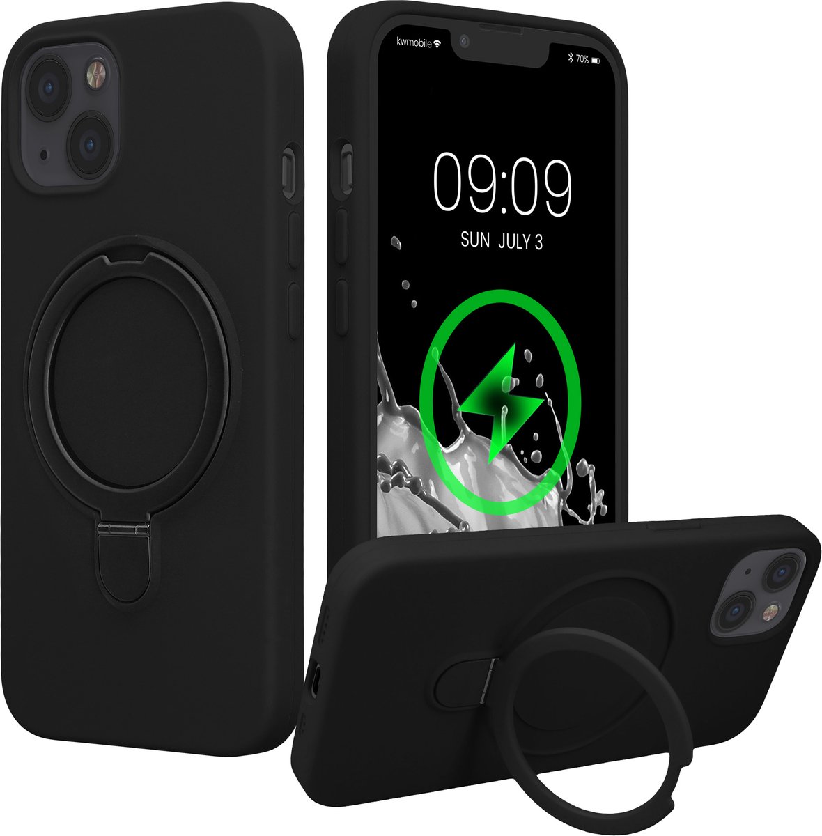 kwmobile Hoesje met Ringstandaard voor Apple iPhone 13 / iPhone 14 - Compatibel met MagSafe - Siliconen Beschermhoes met Microvezel Voering en Standaard - zwart
