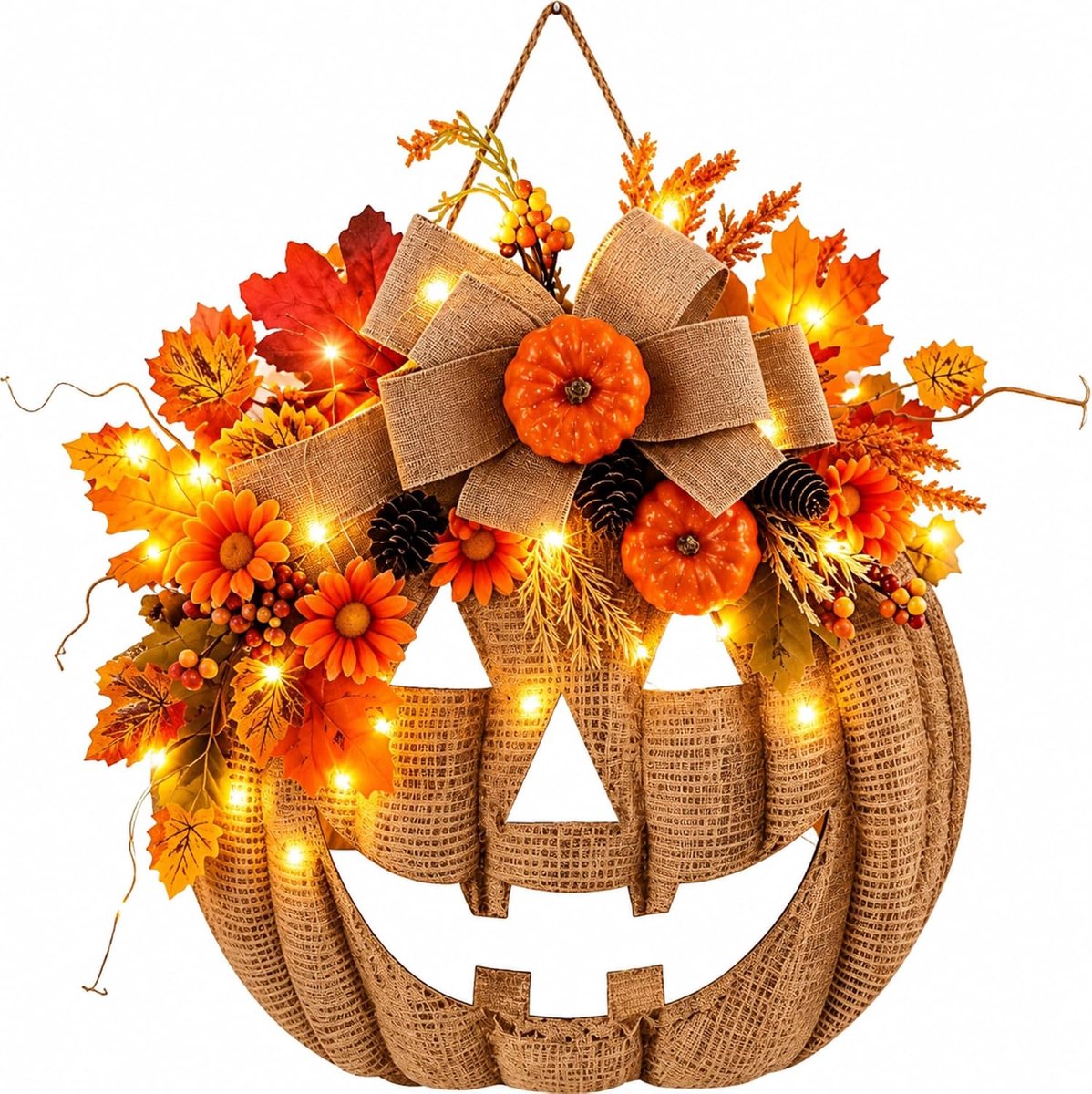 Verlichte Jute Pompoenkrans – Herfst Deurkrans met LED-verlichting – Voor Deur en Muur – Herfstdecoratie - 35CM